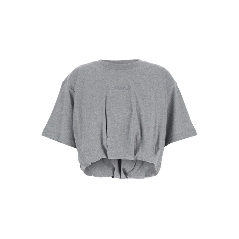 Pinko Grey Crop T-Shirt With Logo On The Front And Gathers In Cotton Woman
